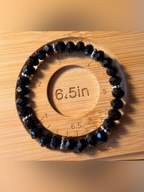 Black Faceted Beaded Stretch Bracelet with Silver Accents